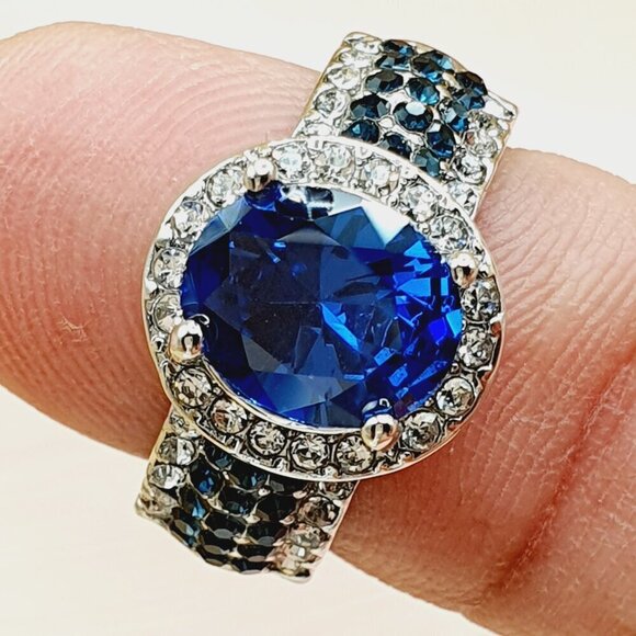 💍 Royal Blue Oval Zircon Multi Row Elegant Silver Trendy Rings for Women… - Picture 8 of 10